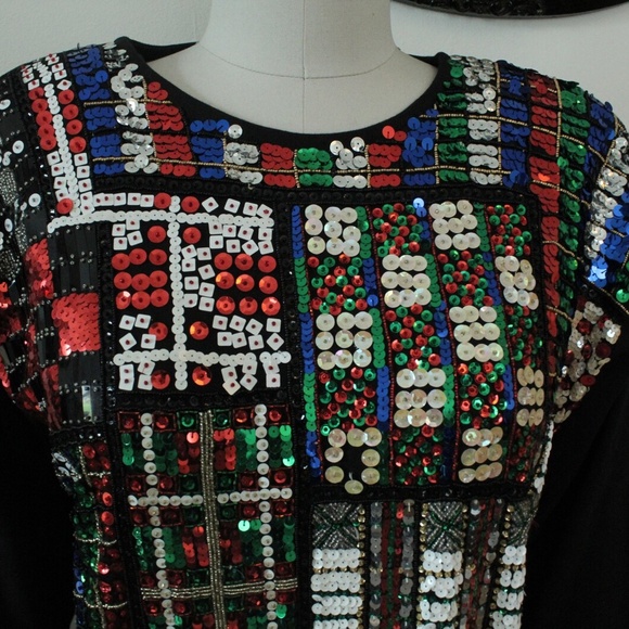 1980's Ugly Christmas Black Cedars Brand Sequinned Oversized Pullover Sweater - Picture 2 of 8